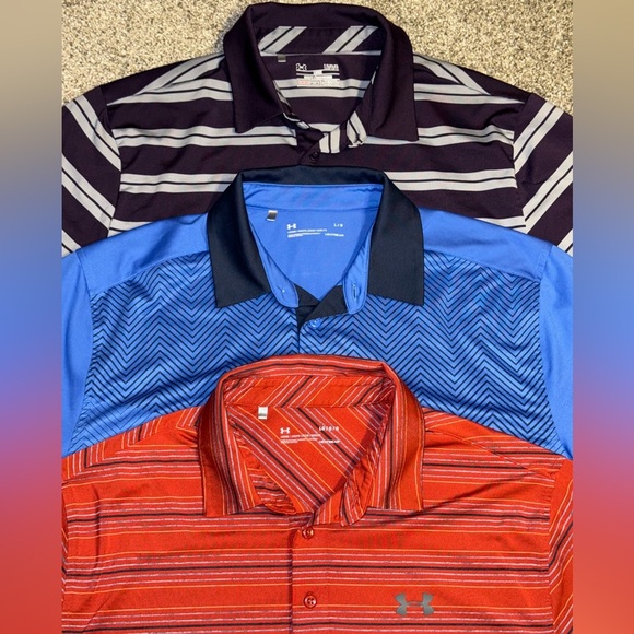 Under Armour Mens L Heat Gear Loose Performance Polo Golf Shirt Lot of 3 Striped - Picture 1 of 16